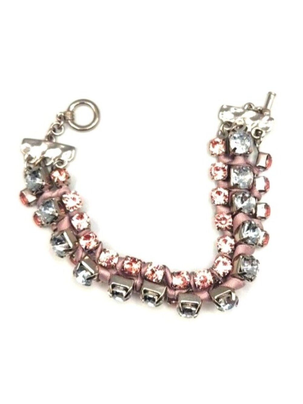 Crystal & Pink Rhinestone Bracelet With Woven Satin Ribbon And Metal Clasp